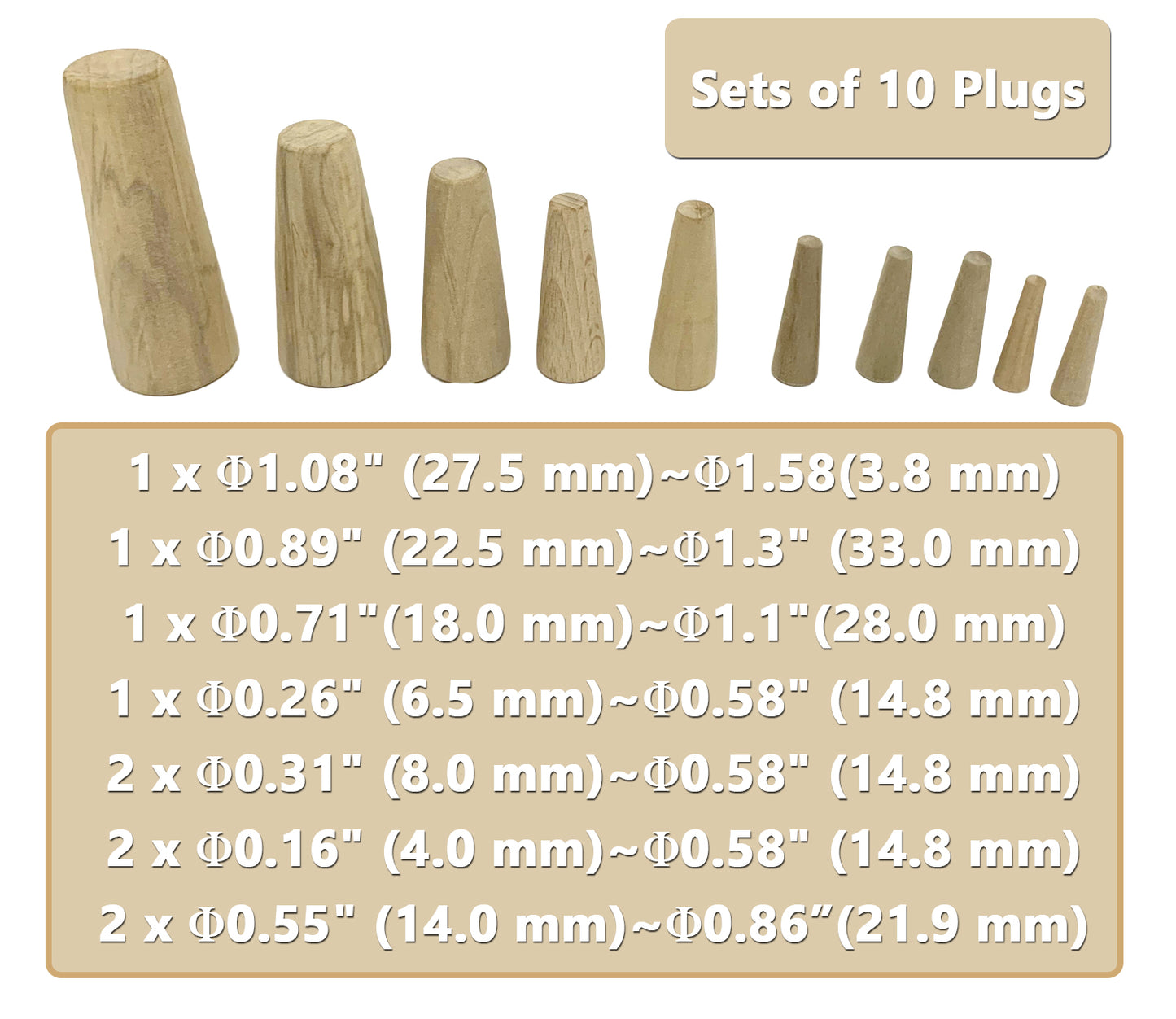 Marine Emergency Soft Wood Plug Sets , Boat Tapered Conical Thru-hull Drain Stopper, Assorted 1/5" to 1 3/5", 10 Pcs