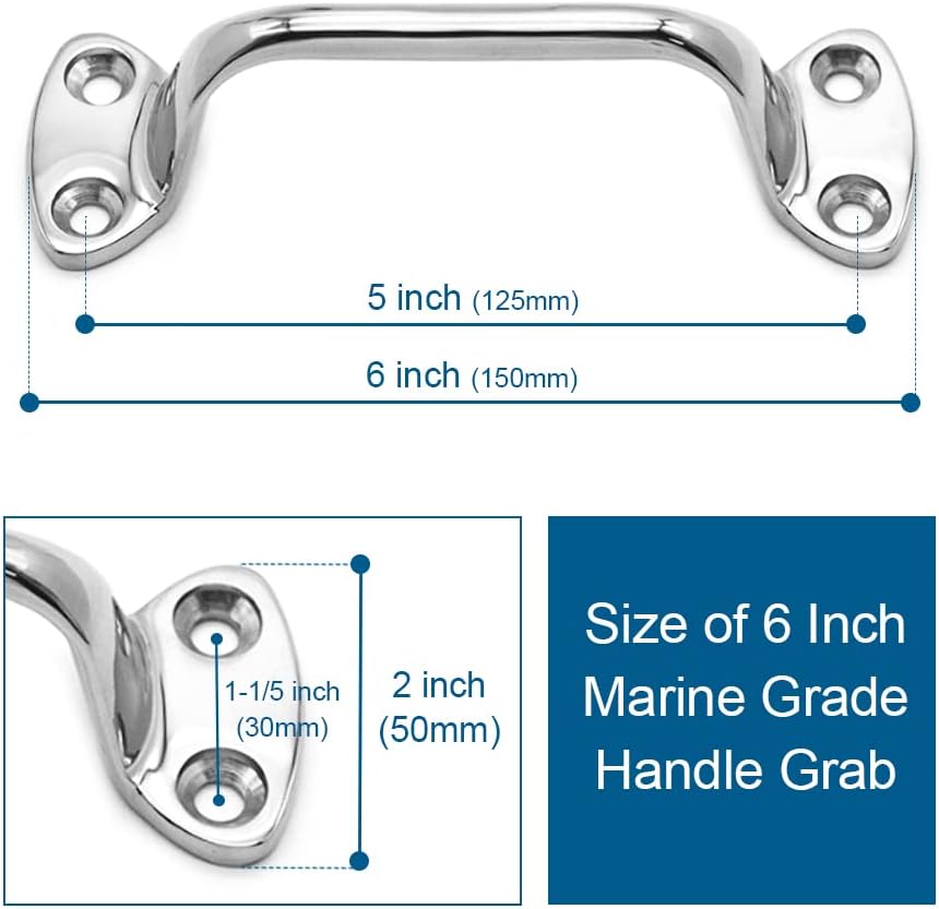 6 Inch Marine Grade Handle Grab Handrail Grip, Mirror Polished Heavy Duty 316 Stainless Steel Hardware with 4 Holes for Boat, Yacht, RV