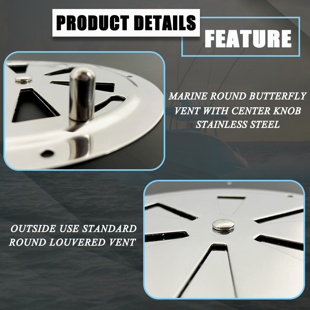 Marine Stainless Steel Butterfly Vent with Side Knob Boat Shutter Vent for Companionway Door, Cockpit and Cabin Ventilation