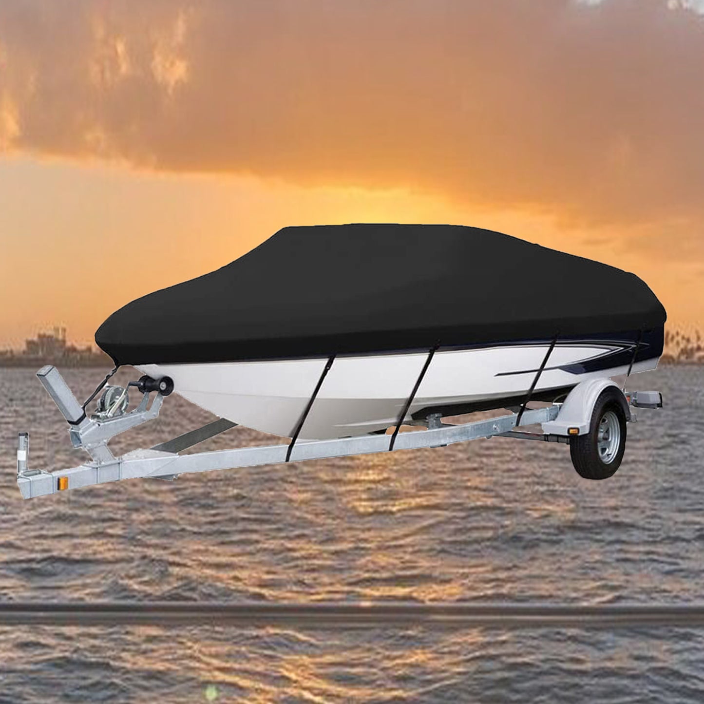 Waterproof Boat Cover, Black, 11“-13“L 75"W for V-Hull, Tri-Hull, Fishing Ski